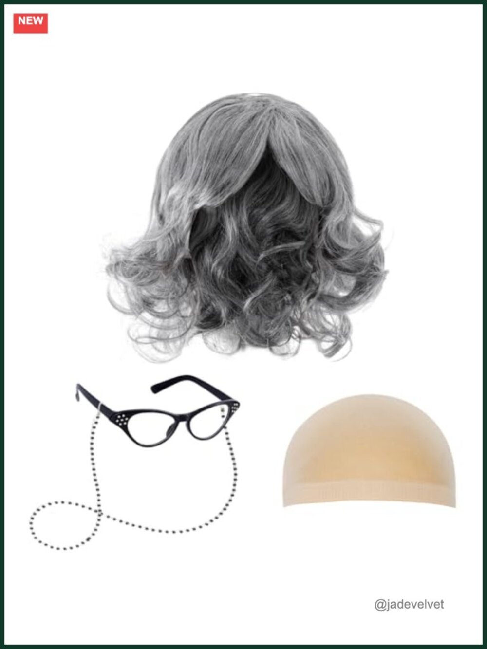 Old Lady Costume Set Wig Cat-Eye Glasses Chain Halloween Cosplay
